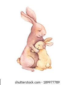 Animal Hugs - Mother Rabbit Embrace Her Kid. Watercolor Hand Painted Art