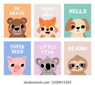 Animal kid card. Cute child greeting and invitation cards for birthday, baby party posters, motivational lettering. Childish print nursery decor. Bright doodle characters - Powered by Shutterstock