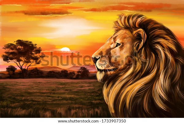 animal lion against the background of dawn, king of beasts, art illustration painted with watercolors