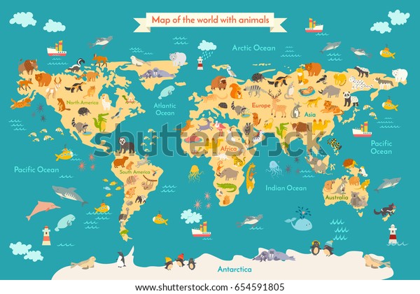 子供の動物の地図 子ども向けの世界 のポスター かわいいイラスト 動物を含む未就学児の漫画の地球儀 海と大陸 南アメリカ ユーラシア 北アメリカ アフリカ オーストラリア 赤ちゃんの 世界地図 のイラスト素材