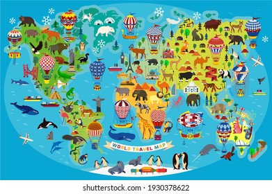 Animal Map Of The World With Air Balloons For Children And Kids. Illustration.