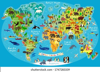 Animal Map of the World for Children and Kids.  Illustration.