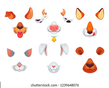 Animal Masks. Video Chat Character Dog, Cat, Fox, Bear, Bunny And Cow Colorful Funny Cartoon Video Mask Symbol. Phone Photo Decor Face Filter With Animals Ears And Nose Snout Icon  Isolated Set