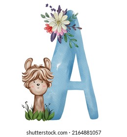 Animal Nursery Alphabet. A Is For Alpaca. Hand Drawn Watercolor Alphabet Letters