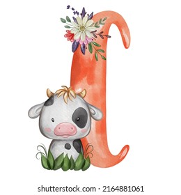 Animal Nursery Alphabet. C Is For Cow. Hand Drawn Watercolor Alphabet Letters