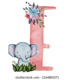 Animal Nursery Alphabet. E Is For Elephant. Hand Drawn Watercolor Alphabet Letters