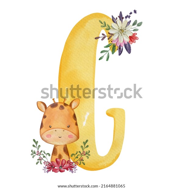 Animal nursery alphabet. G is for Giraffe. Hand\
drawn watercolor alphabet\
letters