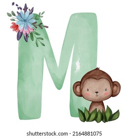 Animal nursery alphabet  M is for Monkey  Hand drawn watercolor alphabet letters