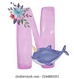 Animal Nursery Alphabet. N Is For Narwhal. Hand Drawn Watercolor Alphabet Letters