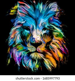 Animal Paint Series. Lion Multicolor Portrait In Vibrant Paint On Subject Of Imagination, Creativity And Abstract Art.