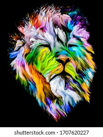 Animal Paint Series. Lion's Portrait In Colorful Paint On Subject Of Imagination, Creativity And Abstract Art.