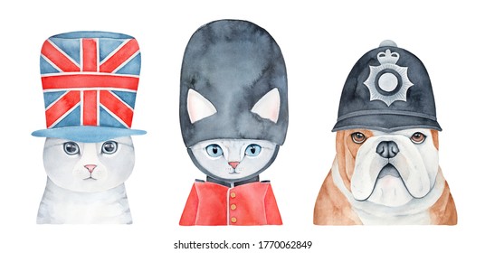 Animal portrait collection wearing various classic British signs and accessories: Union Jack flag hat, Queen's guard, policeman. Watercolour graphic painting, cutout clip art elements for cute design.