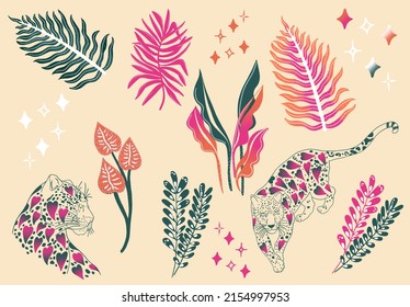 Animal Print Leopard With Gradient Hearts Modern Abstract Tropical Botanical Leaves And Flowers Gouache Drawing Tiger Stars