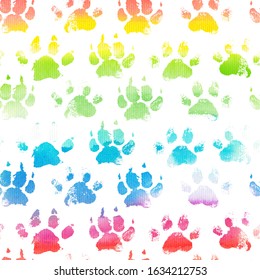 Animal Print With Watercolor Rainbow Paws. Hand Painted Dog Footprint, Colorful Fun Multicolor Seamless Pattern. Ornament For Kids, Scrapbook, Wrapping, Textile
