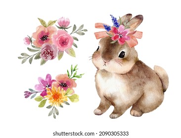 animal rabbit and bouquets flowers  illustration watercolor
