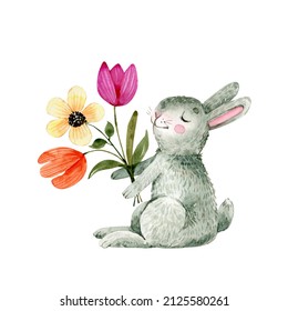 Animal Rabbit With Bouquets Of Flowers, Watercolor Illustration In Cartoon Style.