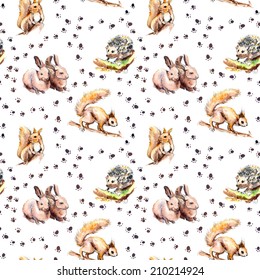 Animal Seamless Wallpaper With Footprints Forest Animals Squirrel Rabbits Hedgehog Watercolor