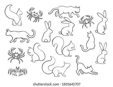 Animal Set. Collection Of Black Outline Animals, Pets Isolated On White Background. Coloring Silhouette Bunny, Cat, Squirrel, Crab.