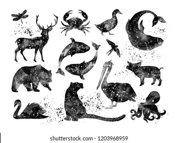Animal silhouettes set. Black and white watercolor silhouettes of deer, whales, bear, lion, swan, pig, octopus, pelican, duck, dragonfly