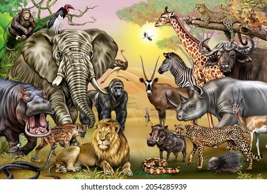 Animals Of Africa, African Fauna, Large Color Poster, Set Of Tropics And Savannahs On A Landscape Background, Illustration For The Encyclopedia