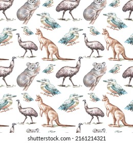 Animals Australia Graphic Illustration Hand Drawn Koala Ostrich Emu Isolated On White Background Patern Seamless