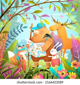 Animals Go Hiking And Camping Adventures In The Leafy Forest With Treasure Map, Children Cartoon. Summer Nature Background, Bear Fox Rabbit And Moose Looking At The Map. Cute Illustration For Kids.