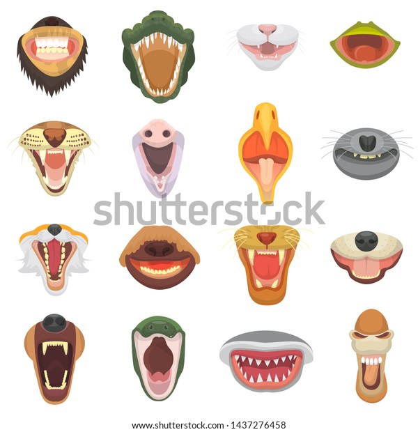 Animals\
mouth open jaw with teeth or fangs of roaring animals angry lion or\
cat and laughing bear with aggressive shark illustration set of\
animalistic beast isolated on white\
background