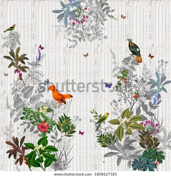 animals and plants on a wooden background