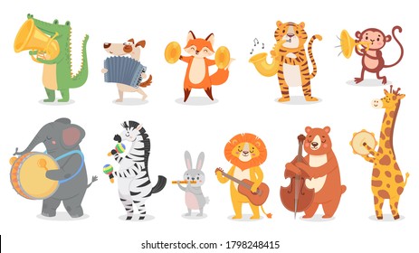 Animals play music. Cute animal playing music instruments, monkey plays trumpet and crocodile with saxophone  illustration set. Cartoon animal play music, design drum instrument