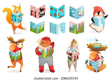 Animals Reading Books, Bear Moose Penguin And Squirrel Kids Study And School Cartoon Collection. Winter Fairy Tale Cartoons Clever Animals Reading, Isolated Books Illustration Clipart.