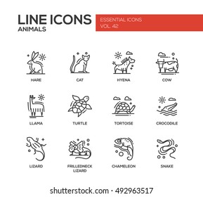 Animals - Set Of Modern Plain Line Design Icons And Pictograms. Hare, Cat, Hyena, Cow, Llama, Turtle, Tortoise, Crocodile, Lizard, Chameleon, Snake