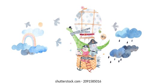 Animals traveling in a hot air balloon among the clouds. Watercolor poster. Friends travel by air. Isolated on white background.