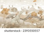 Animals wallpaper mural, kids room decor, Elephant, bunny, fox, autumn forest, wallpaper mural nursery