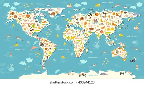 Animals World Map Beautiful Cheerful Colorful Stock Illustration 433244128