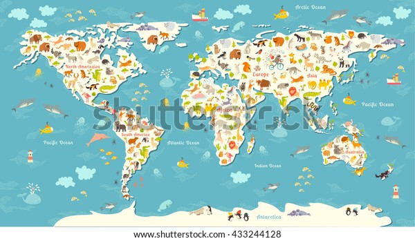 動物の世界地図 子どもや子ども向けの美しい明るいカラフルなイラスト 海と大陸の碑文 ユーラシア アフリカ オーストラリア 北米 南米の大陸 のイラスト素材