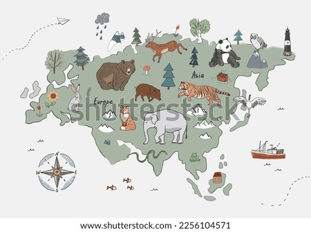 Animals world map Eurasia continent illustration.