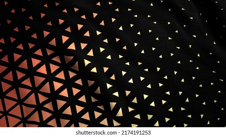 Animated 3D Waving Cloth Texture With Orange And Black Stripes And Triangles. Motion. Smooth Silk Cloth Surface With Ripples And Folds In Tissue.