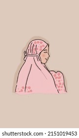 An Animated Avatar Of A Beautiful Woman Wearing A Pink Mukena With Flower Accents Around Her Praying Drawn Using A Chalk Brush In The Procreate Application