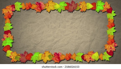 Animated Background. Animated Frame Of Autumn Leaves Copy Space On Organic Paper Background. Thanksgiving Concept, Family, Discount And Sale For This Holiday