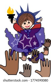 animated crowned girl in red dress raised arm with torch in front of  supportive voting hands on translucent blue background with stars 