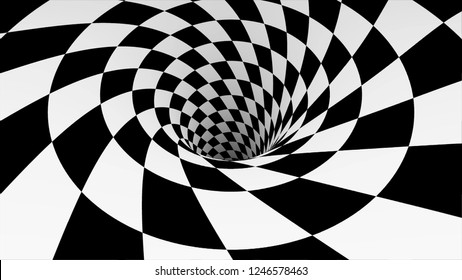 Animated hypnotic tunnel with white and black squares. Striped optical illusion three dimensional geometrical wormhole shape pattern motion graphics. Optical illusion created by zoom in of black and