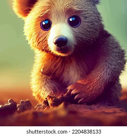 Animated Illustration Of A Cute Bear, Animated Baby Bear Portrait.