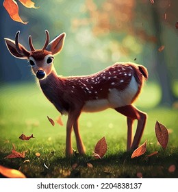 Animated Illustration Of A Cute Deer, Animated Baby Deer Portrait.