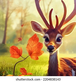 Animated Illustration Of A Cute Deer, Animated Baby Deer Portrait.