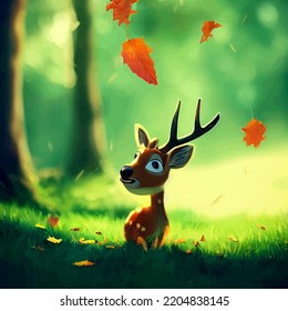 Animated Illustration Of A Cute Deer, Animated Baby Deer Portrait.