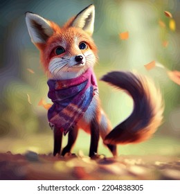 Animated Illustration Of A Cute Fox, Animated Baby Fox Portrait.