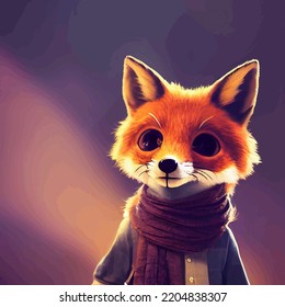 Animated Illustration Of A Cute Fox, Animated Baby Fox Portrait.