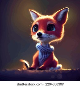 Animated Illustration Of A Cute Fox, Animated Baby Fox Portrait.