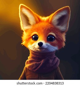 Animated Illustration Of A Cute Fox, Animated Baby Fox Portrait.