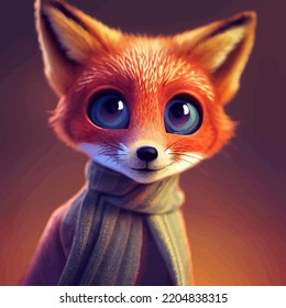 Animated Illustration Of A Cute Fox, Animated Baby Fox Portrait.